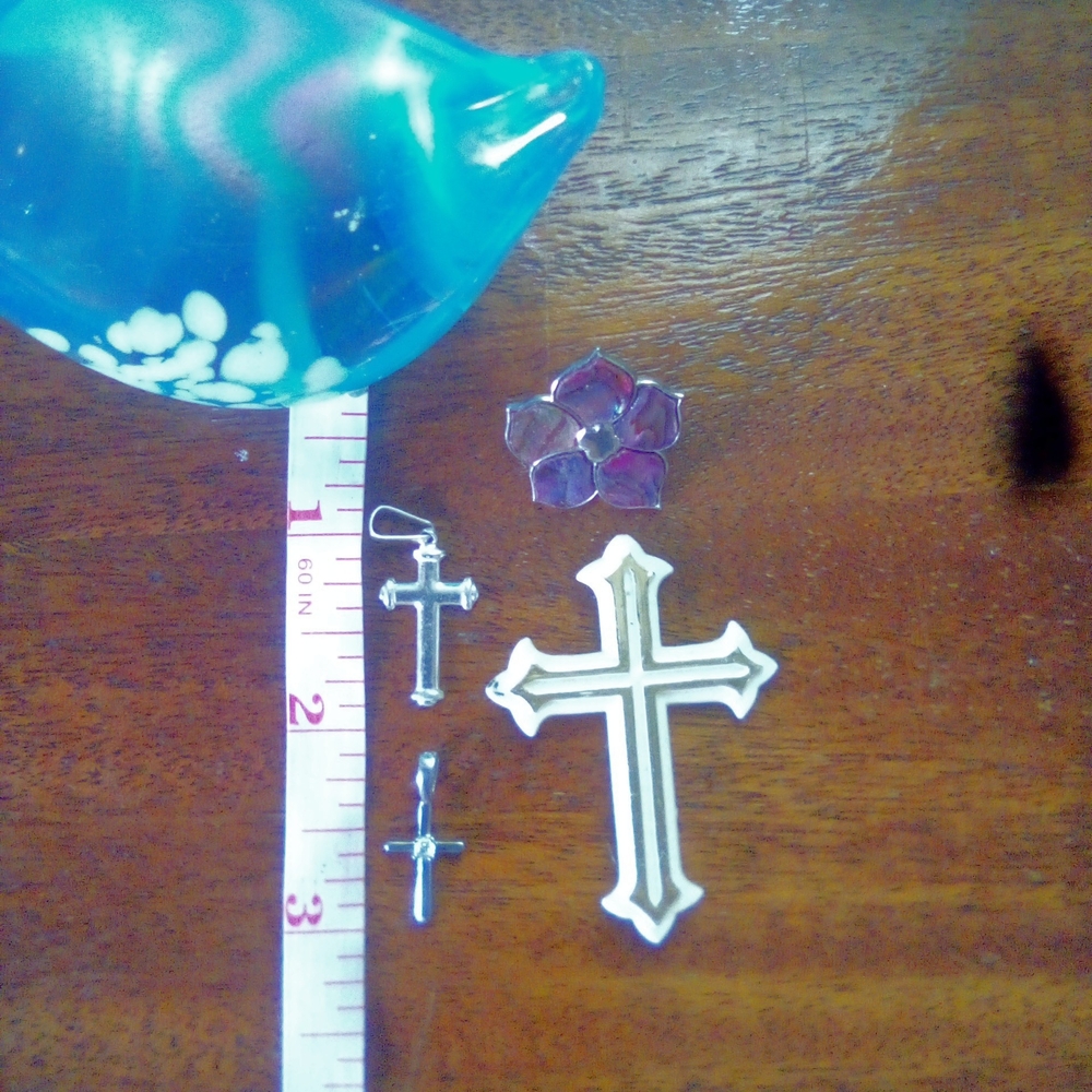 Silver Cross Pendant and Earrings Set with Purple Glass Flower